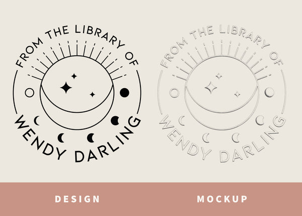 Crescent Moon with Moon Phases Library Book Plate Embosser
