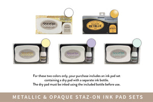 a collection of Staz-on Opaque and Metallic Staz-on Ink Pad Sets, with three different colored pads and two different colored bottles.