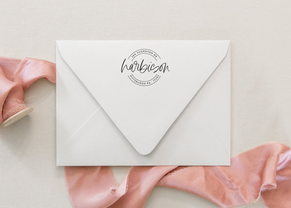 Whimsical Cursive Round Return Address Stamp